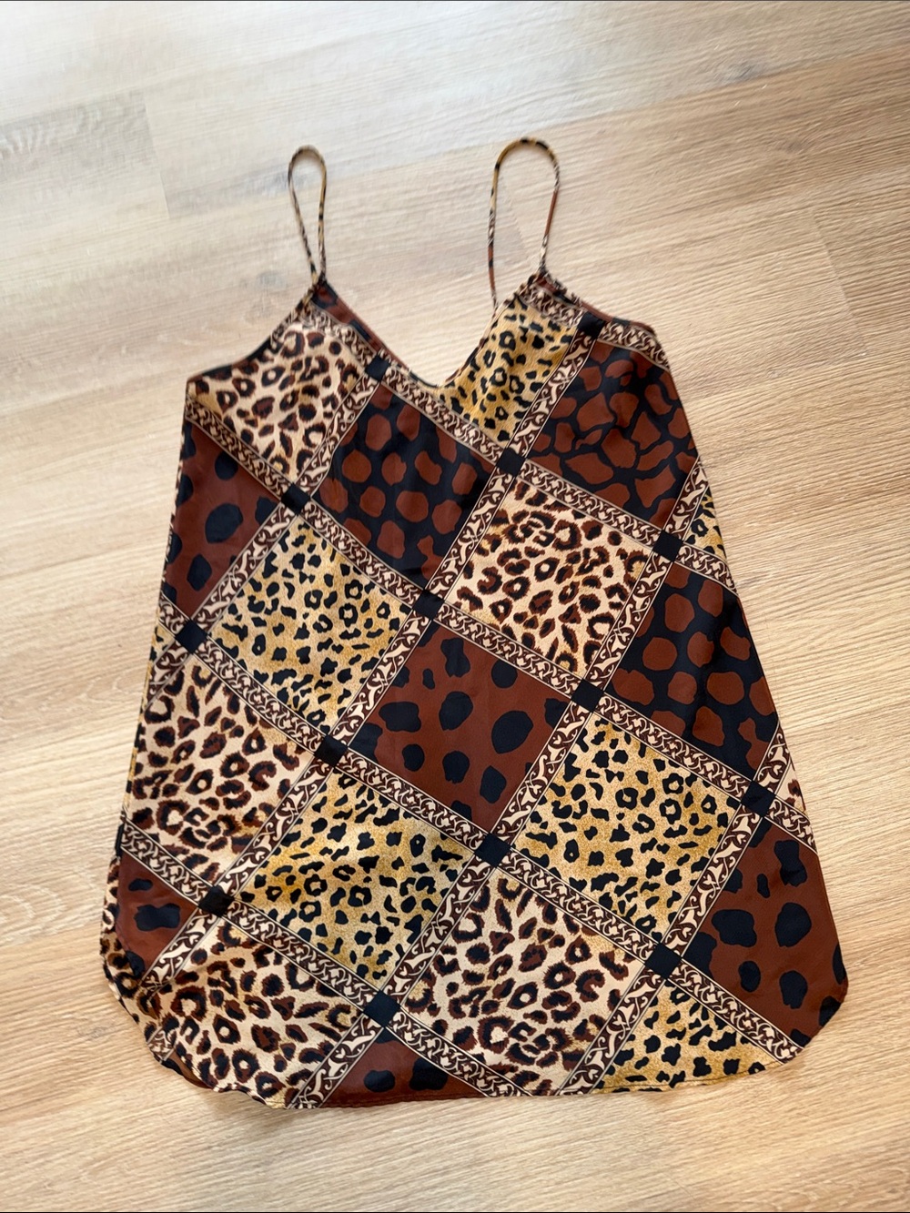 INTIMATE STYLE Vintage Spaghetti Strap Patchwork Animal Print Pajamas Mini Dress